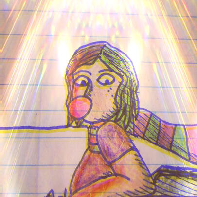 Profile picture image of Logout, a girl with green dyed hair, leaning over and wearing a green/pink scarf.